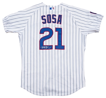 2002 Sammy Sosa Game Used and Signed Cubs Jersey from the Larkin Collection (Barry Larkin LOA & JSA LOA)
